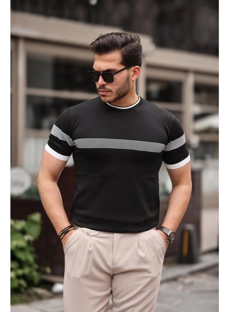 Miron Black Crew Neck Striped Knitwear T-Shirt - Image 1